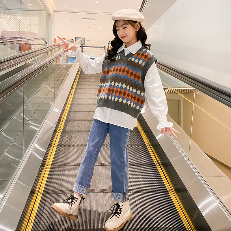 10 to 12 years Girls Argyle Sweater Vest Teen Girls Spring Autumn Tops