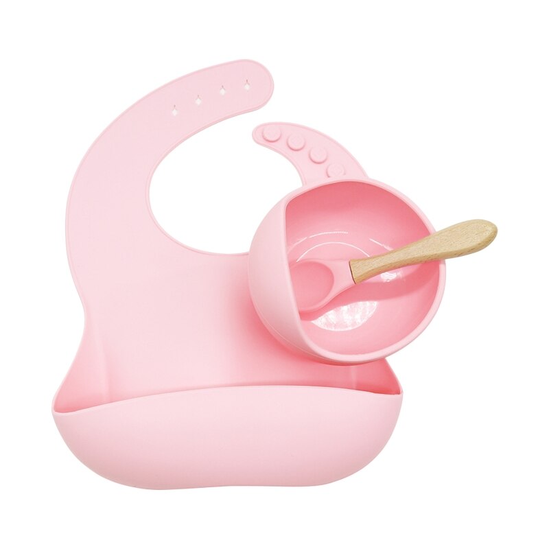 3 Pcs Baby Newborn Bibs+Suction Dish Bowl Plate+Spoon Set Feeding Tableware Kit Q1FE