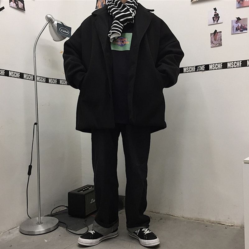 Blends Womens Coat Black Solid Casual Thicken Aesthetic Korean Style Couple Loose Leisure Female Harajuku Trendy Simple Wool