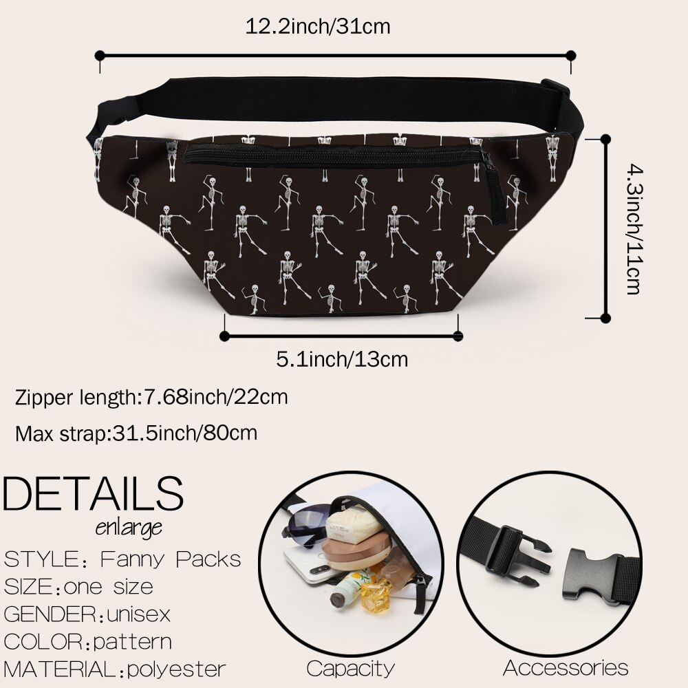 Deanfun heuptasje met print van dansend skelet, unisex zwarte ritszakken met persoonlijkheid 18075