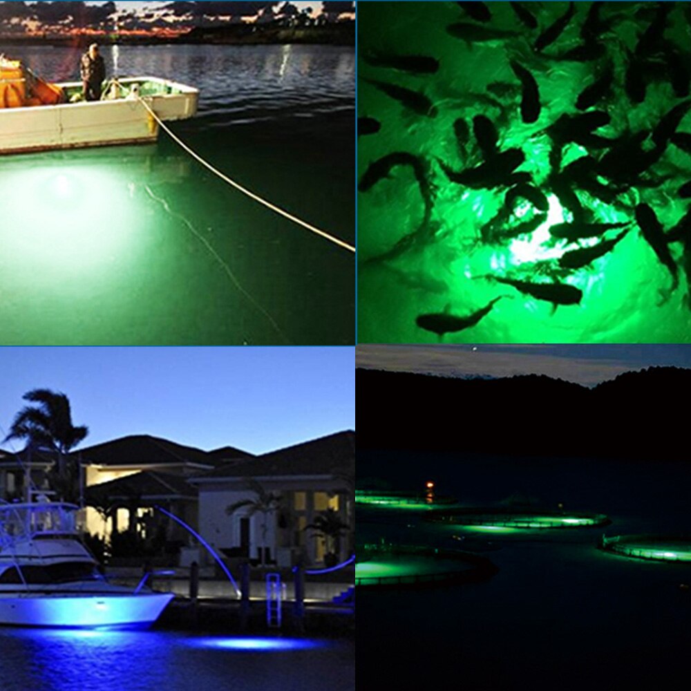 Luz LED de pesca de 12V CC, luz LED de 15W para pesca subacuática, cebos sumergibles, lámpara para barco, luces para atraer peces, verde, blanco y azul