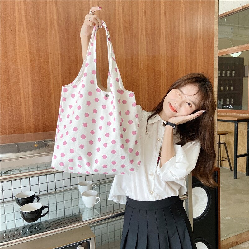 Retro Polka Dot mujeres bolsos de lona estudiante Simple hombro bolsa Vintage de mujer playa Casual bolso bolsas de compras