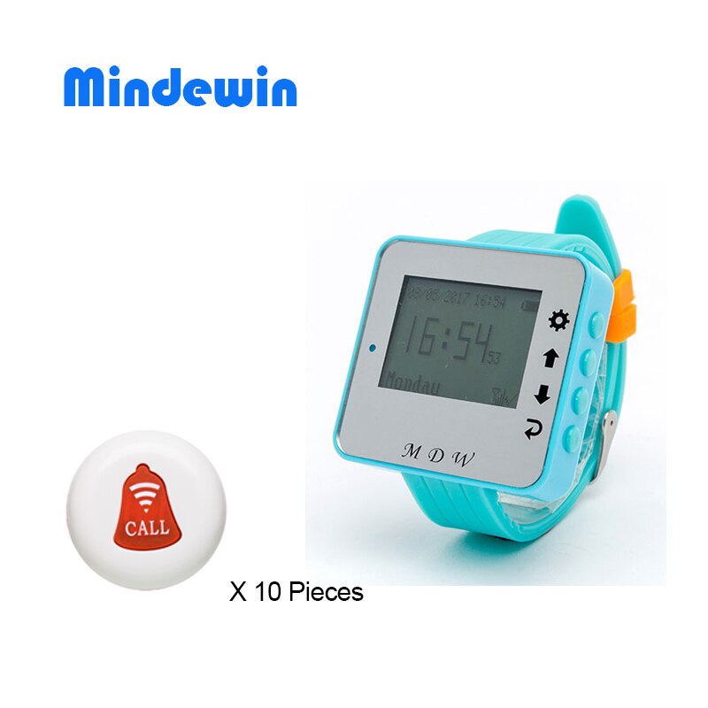 Mindewin trådlöst samtalssystem 10 st anropsknappar och 1 st armbandsur personsökare restaurang servitör service ringklocka system: Blå