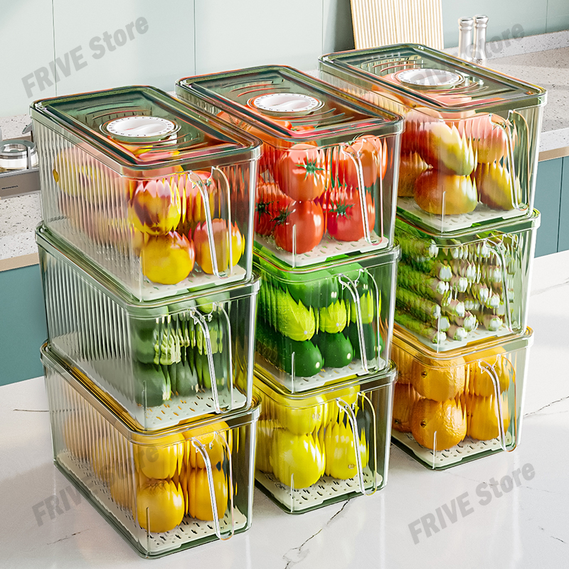 Caja de almacenamiento para refrigerador con mango de gran capacidad, cajas de almacenamiento transparentes apilables con tapas, caja de almacenamiento de frutas y verduras