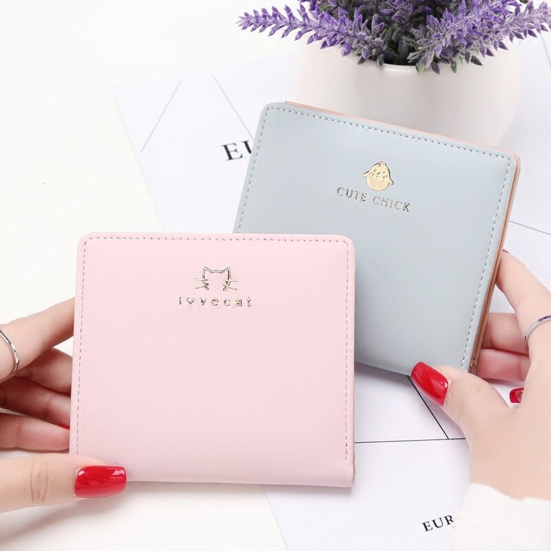 Cartera de PU para mujer, pequeña, pequeña, bonita, bonita, fresca, para estudiante, doble pliegue, pequeña, fina, cartera, bolsillo, cambio monedero, tarjetero