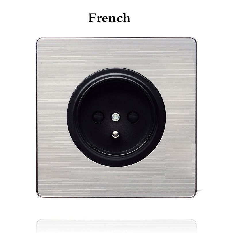 1 Gang 1 2 Way Brushed stainless steel Light EU Socket Any Click Point Control Wall Socket Switches Panel With Led: French standard