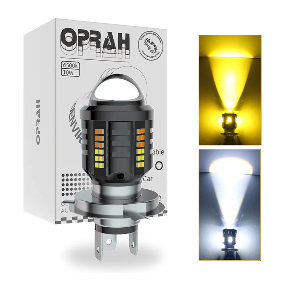 Oprah – ampoule de phare de moto super lumineuse H4 LED avec lentille HD BA20D faisceau Hi/Lo double couleur blanc jaune