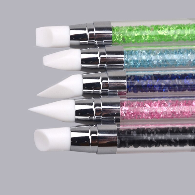 Pinceles con diamantes de imitación para uñas, pincel de doble punta, cabeza de silicona, mango de cuarzo acrílico, 1 ud.