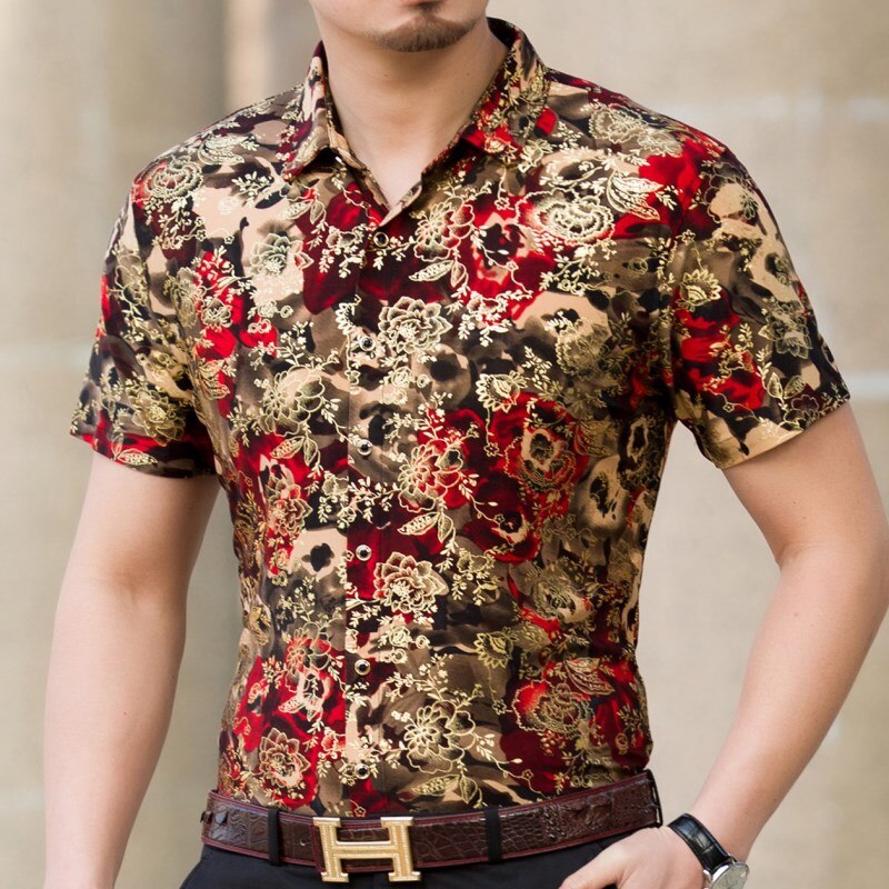 Hawaiian Casual 80% Silk Shirt Men Short Sleeve Both Sides Print Chinese Dragon Nation Flower Beach Summer Clothes: 925 RED / XXL FOR 180 CM 80KG