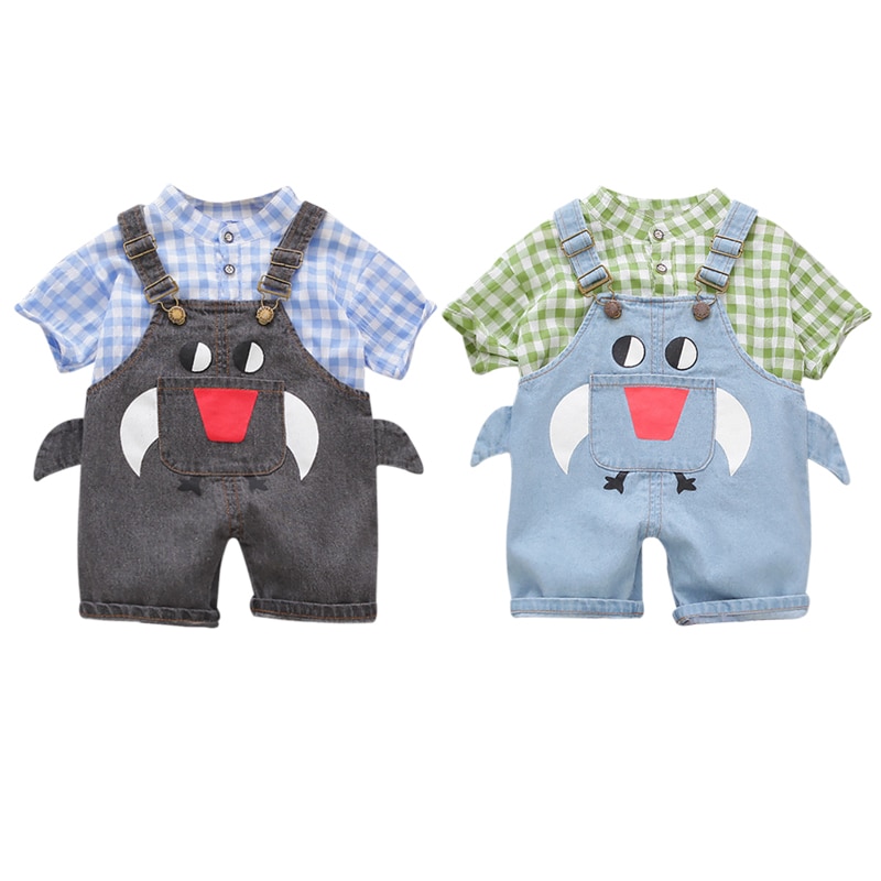 Sommer Kleinkind Jungen lässig Denim Overall Baby freundlicher Grün Plaid kurzarm Shirt Hosenträger Schlauch