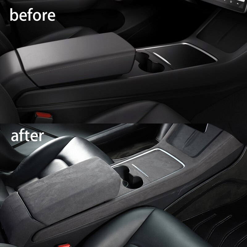 Daim En Cuir Intérieur De Voiture Center Support De Verre Console Panneau ABS COUVERTURE Garniture Pour Tesla Modèle 3 ans Boîte DE RANGEMENT Panneau