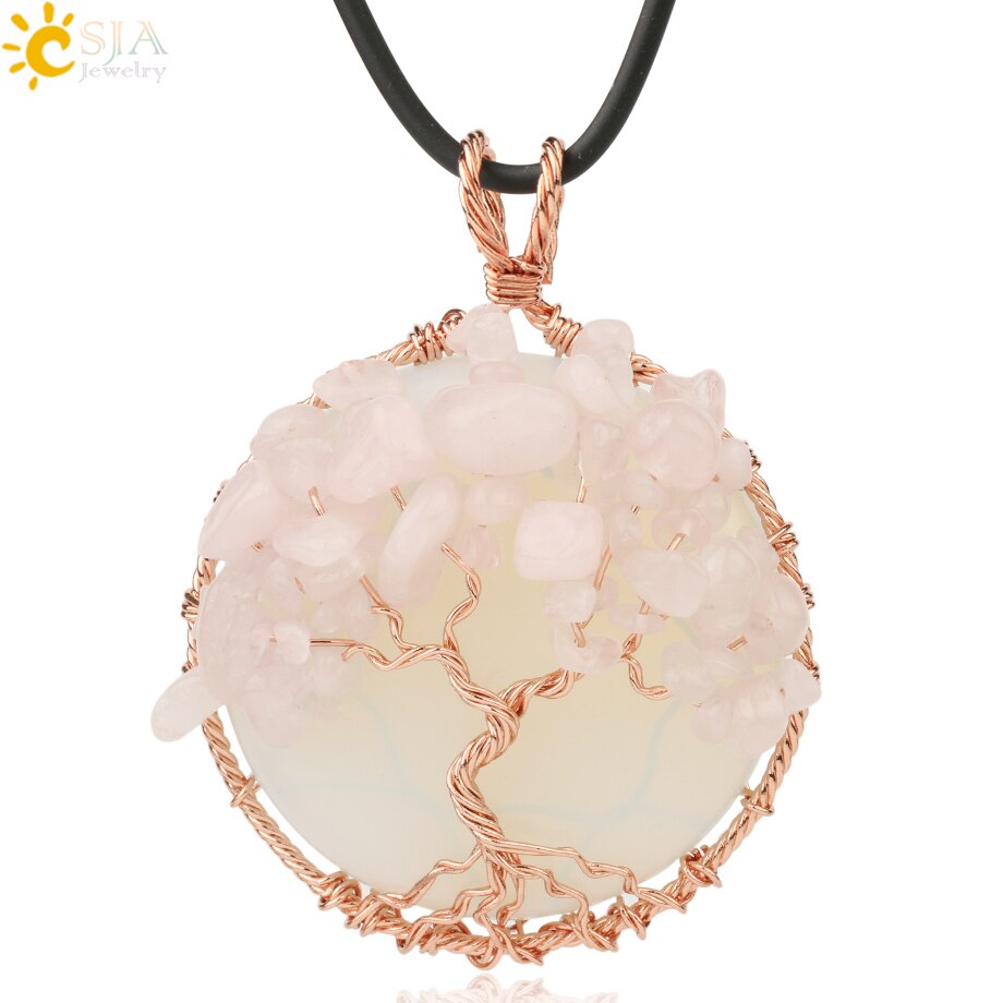 CSJA Natural Cabochon Stone Tree of Life Pendant Rose Gold Color Wire Wrap Chip Bead Wisdom Tree Healing Women Men Necklace G193: Opal Chain