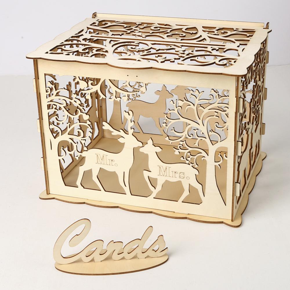 DIY Wedding Card Box Wooden Couple Deer Pattern Wedding Supplies Greeting Card Box Check-in Box Wedding Card Collection Box