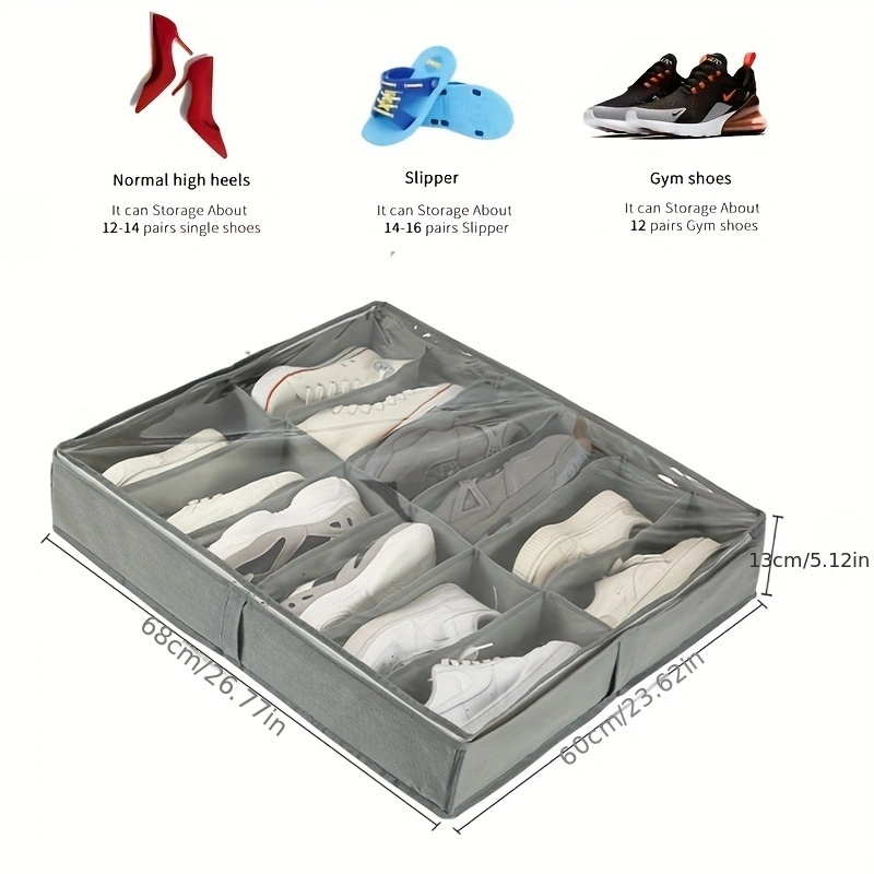 12 compartment shoe storage box, foldable and transparent lid, organizer for storing shoes under the bed