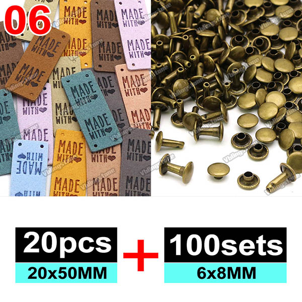 Zestawy etykiet skórzanych Ręcznie robione etykiety na ubrania Wytłaczane etykiety z metalowymi nitami z podwójną nasadką 6x8MM Akcesoria robić szycia: Czarny nikiel