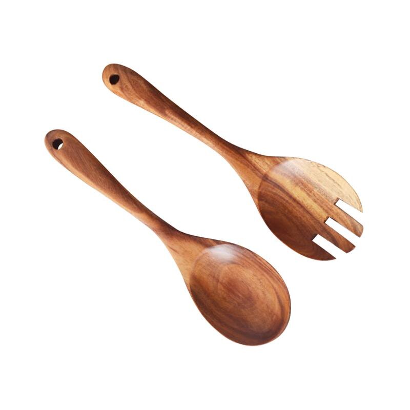 Cocina Natural cuchara de madera ensalada cena servir cucharas servidor tenedor de madera juego de vajilla cuchara utensilios de madera vajilla