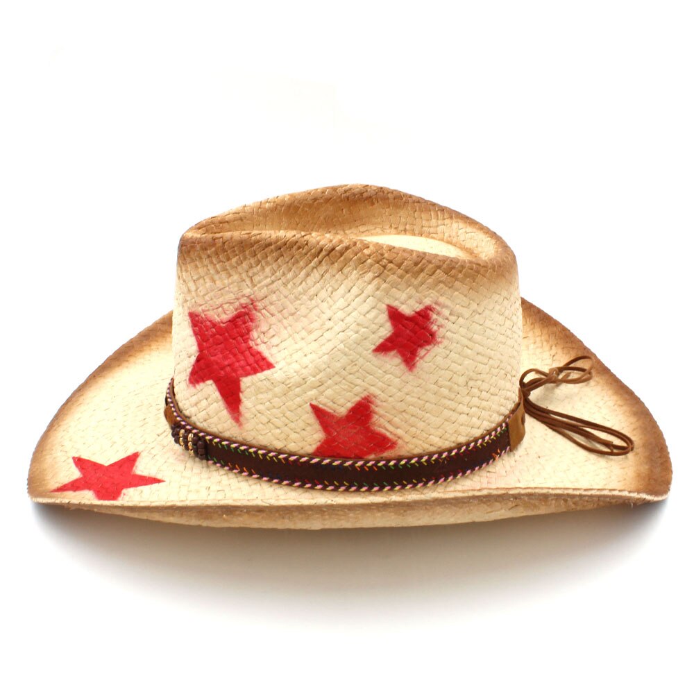 Frauen Männer Straw Western Cowboy Hut Mit Punk Blätter Band Stern Dame Dad Sombrero Hombre Cowgirl Jazz Kappen Größe 58CM