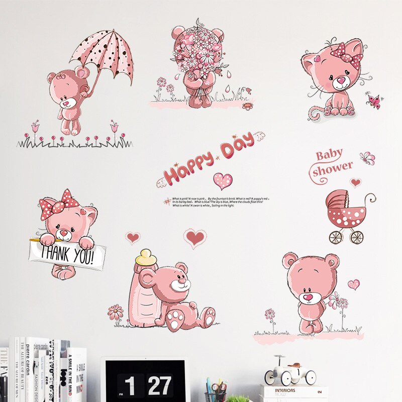 Happy Pink Bear Wall Stickers for Kids Rooms Home Decor DIY Cartoon Wall Decals Modern Warm Bedroom Decoration Mural Art Sticker