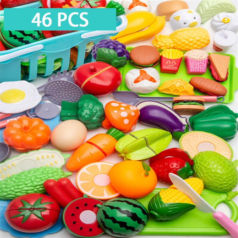 150pcs Plastic Kitchen Toy Shopping Cart Set Cut Fruit and Vegetable Food Play House Simulation Toys Early Education Girl: 46-piece set