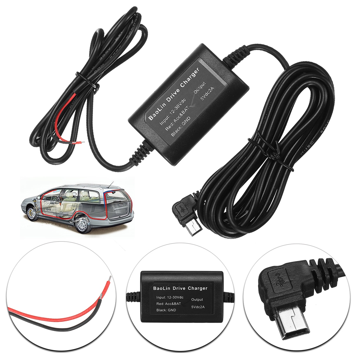 Kit de chargeur de voiture Mini / Micro Port USB câble pour enregistreur de caméra DVR boîtier d'alimentation exclusif