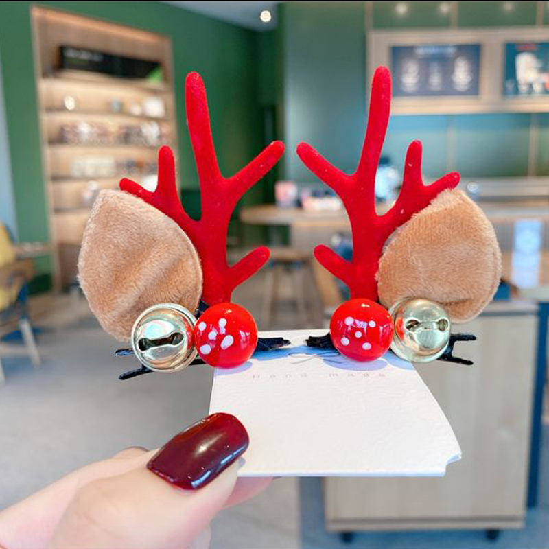 Serre-tête en bois d'élan pour filles, épingle à cheveux, serre-tête de dessin animé, décoration de noël, Super mignon, 2022: Red antler bells