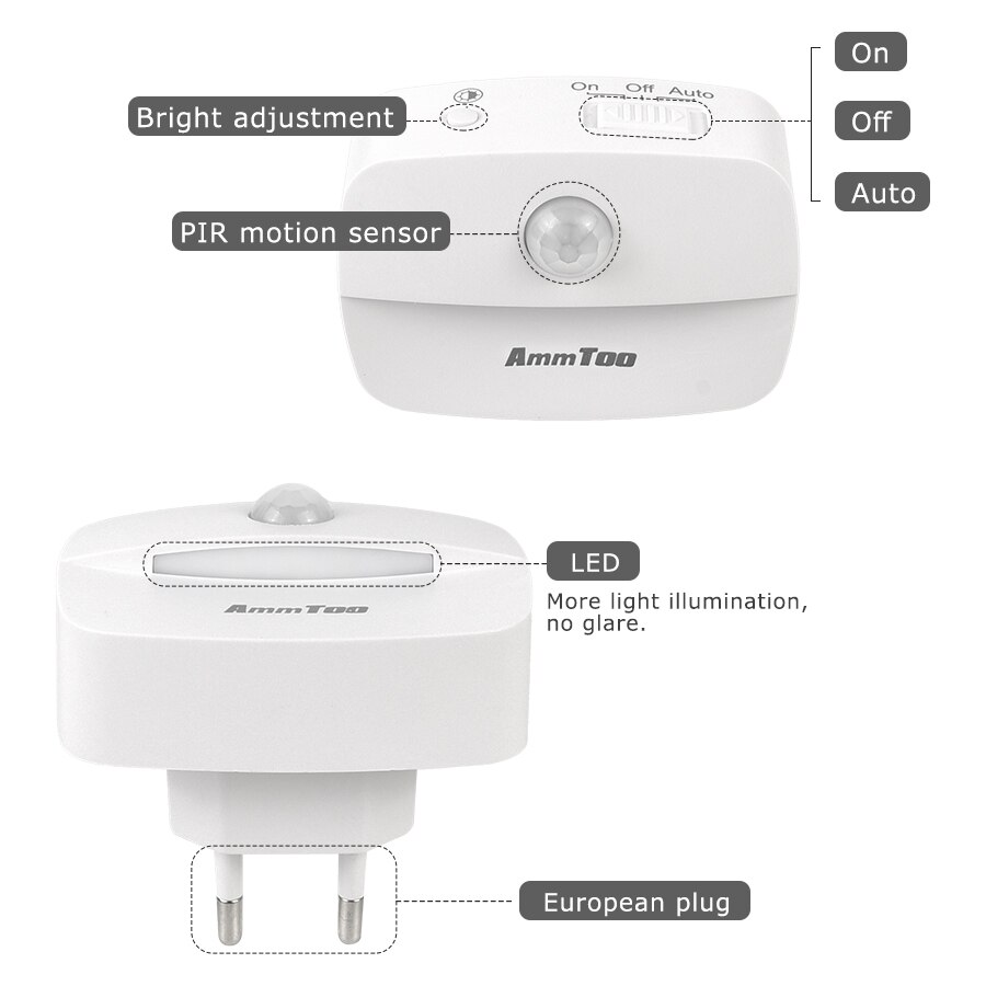 Ammtoo mini led bevægelsessensor natlys stik i/aaa batteridrevet trådløs natlampe med sensor til vægindretningsskab