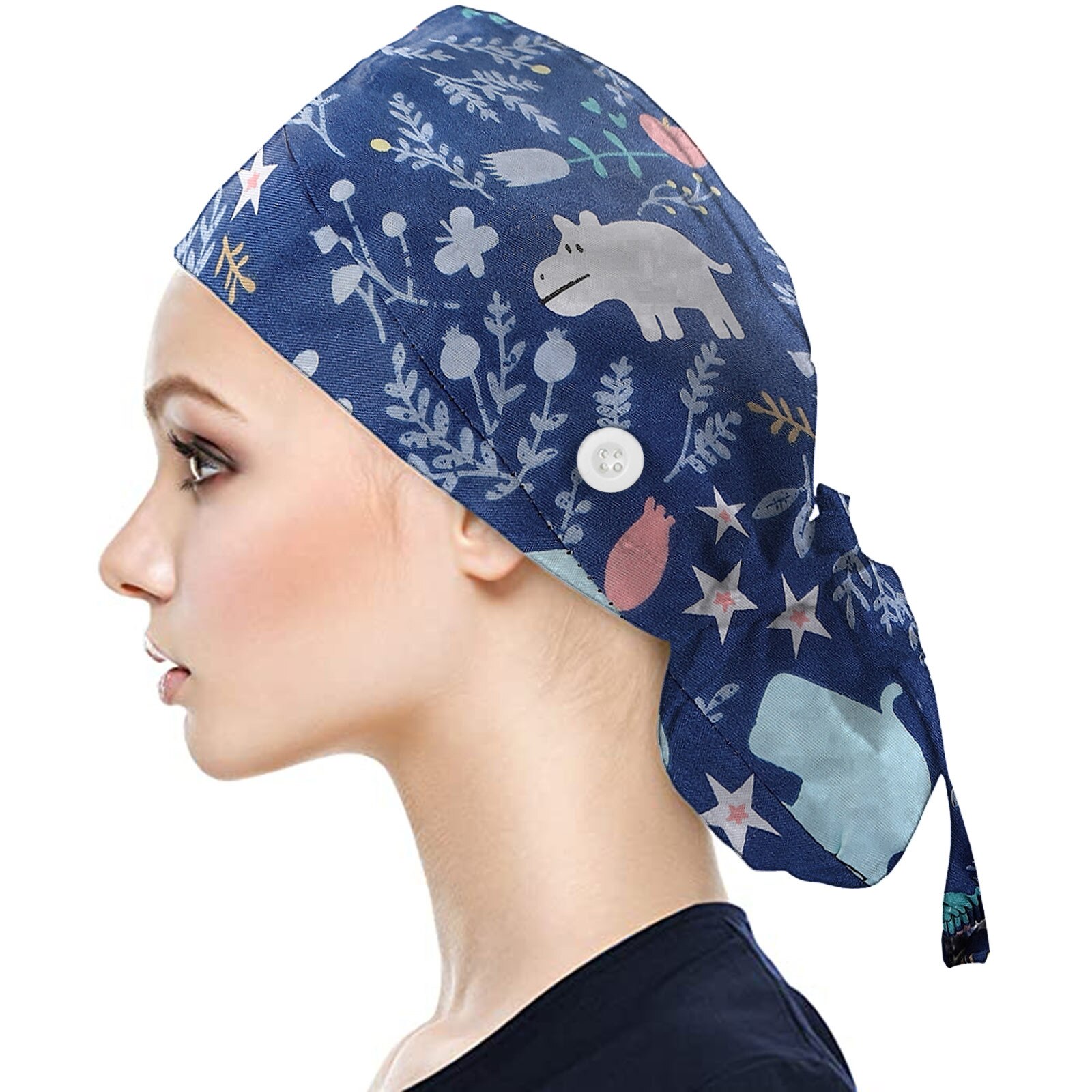 Pattern Scrub Cap Printing Working Hat Buttons Bouffant Hat Sweatband Women Men Beautician Dust Proof Cooking Chef Caps: C