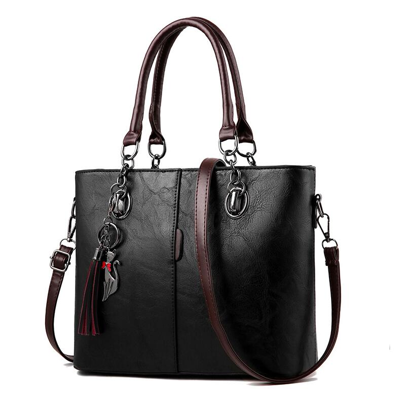 Yogodlns mujer de invierno bolsos de mano de cuero de color con borla y borla colgante de gato: Black