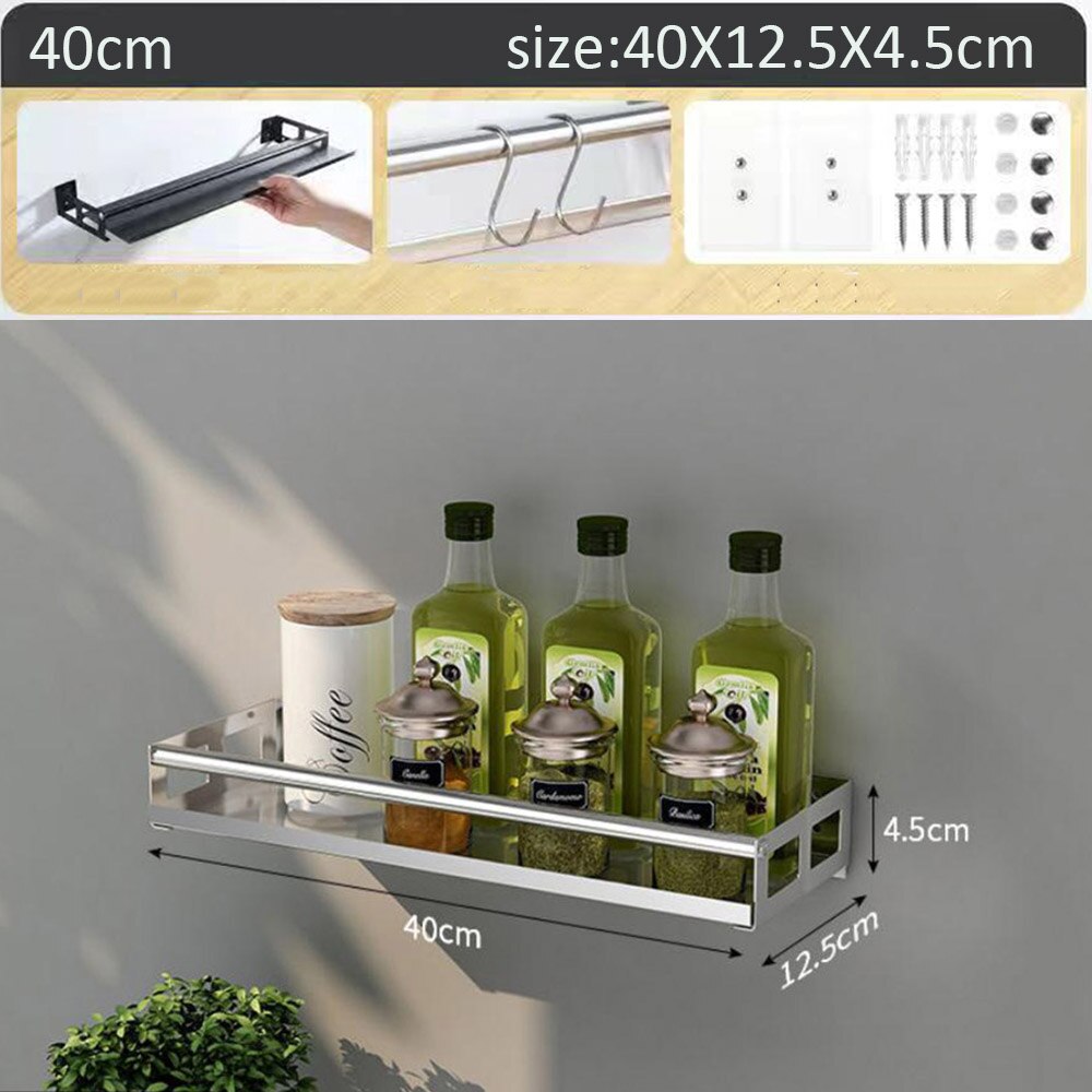 Kitchen Organizer Wall Mount Bracket Wall Storage Rack Spice Jar Rack Cabinet Shelf Kitchen Gadget Supplies Bathroom Rack: Silver40cm