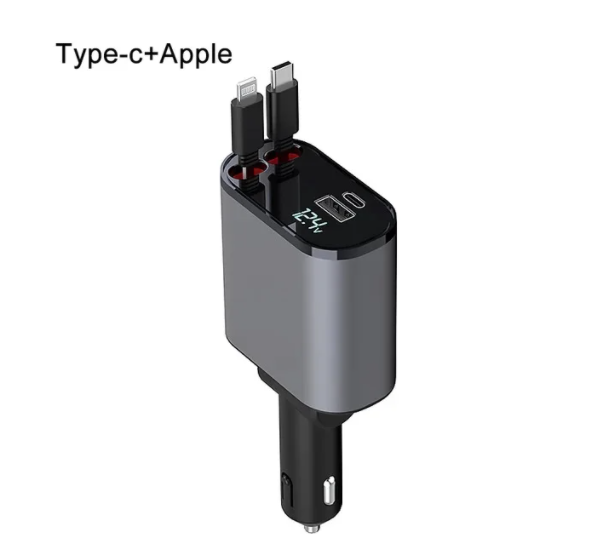 2024 Intrekbare autolader 4in1 Snelle autotelefoonoplader 100 W Intrekbare kabels 2 USB-poorten Autolader voor alle smartphones: Oranje