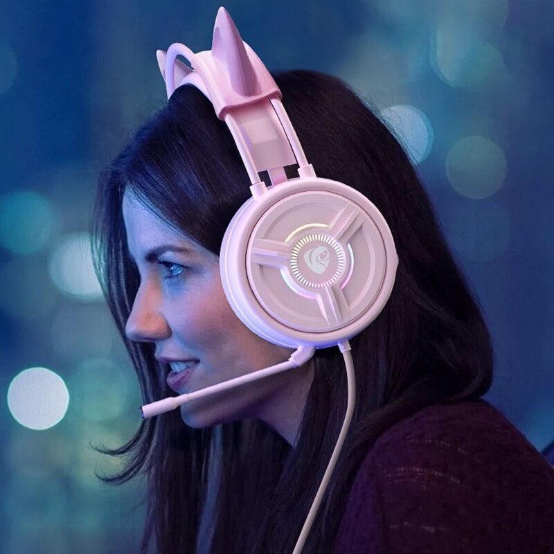 Pink RGB Gaming Headphone Wired Headset USB Mic Headphone Plugs Girls T84D