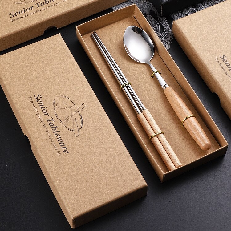 Tableware Stainless Steel Fork Spoon Chopsticks Cutlery Wood Handle Flatware Kitchen Utensils Dinnerware Set 2/3/4Pcs/set: Style C