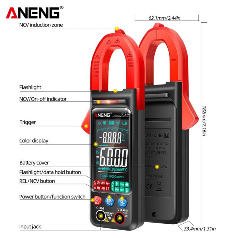 ANENG ST212 DC/AC Current Digital Clamp Meter 6000 Counts 400A Amp Multimeter Large Color Screen Voltage Tester Car Hz NCV Ohm