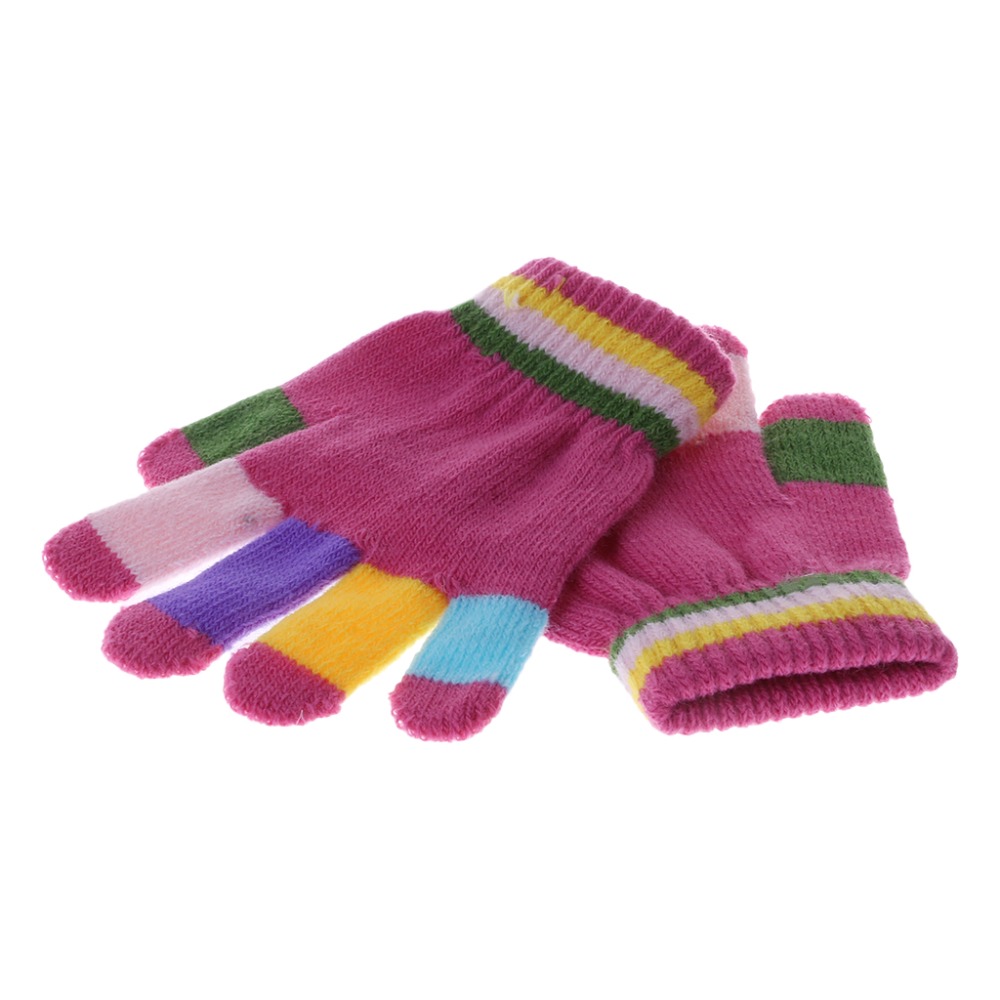 1 Pair Kids Gloves Full Finger Warm Winter Children Colorful Stripe Knitted Boys Girls Solid Glove Multi Color Elastic