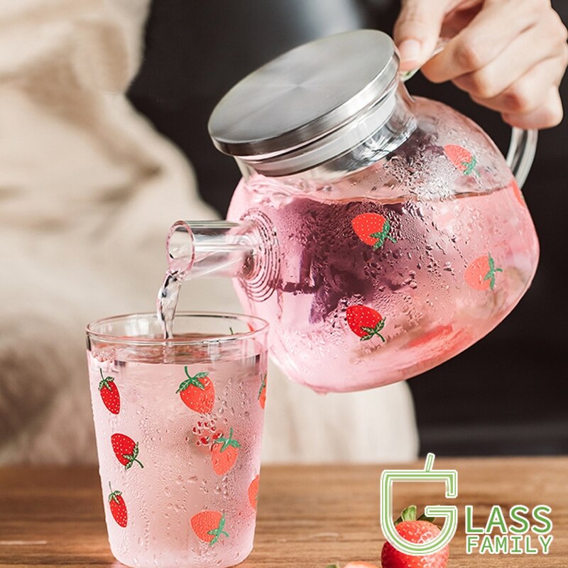 Glass Water Pitcher with Strawberry Pattern Glass Jug with Stainless Steel Lid and Filter Heat Resistant Carafe Glass Cup Set