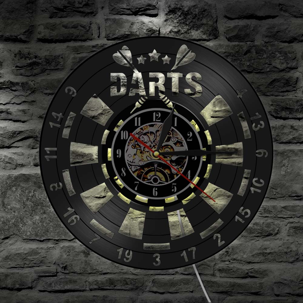 Dart Board Game Wall Clock Retro Circular Vinyl Record Wall Clock Pub Bar Night Club LED Night Light Bar Home Decor horloge