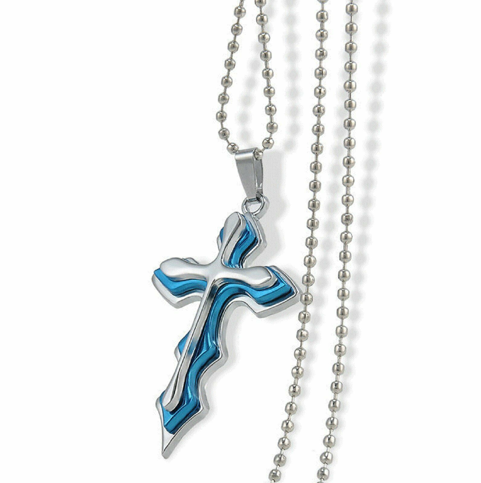 Necklace Men Blue Silver Color Cross Pendant Stainless Steel Chain Necklace Jewelry for Men's Jewelry