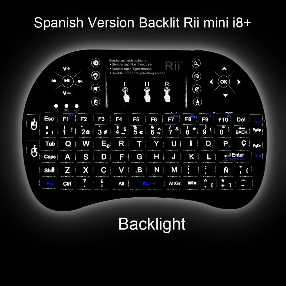 Rii Mini i8+ 2.4Ghz Spanish Wireless Mini Keyboard Air Mouse Backlight with Touchpad for Android TV Box/Mini PC