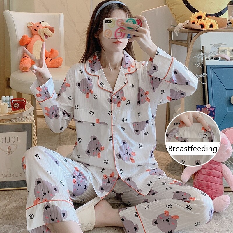 Sommer efterår trykt silke føler barsel pleje pyjamas sæt fodring pyjamas tøj til gravide graviditet lounge