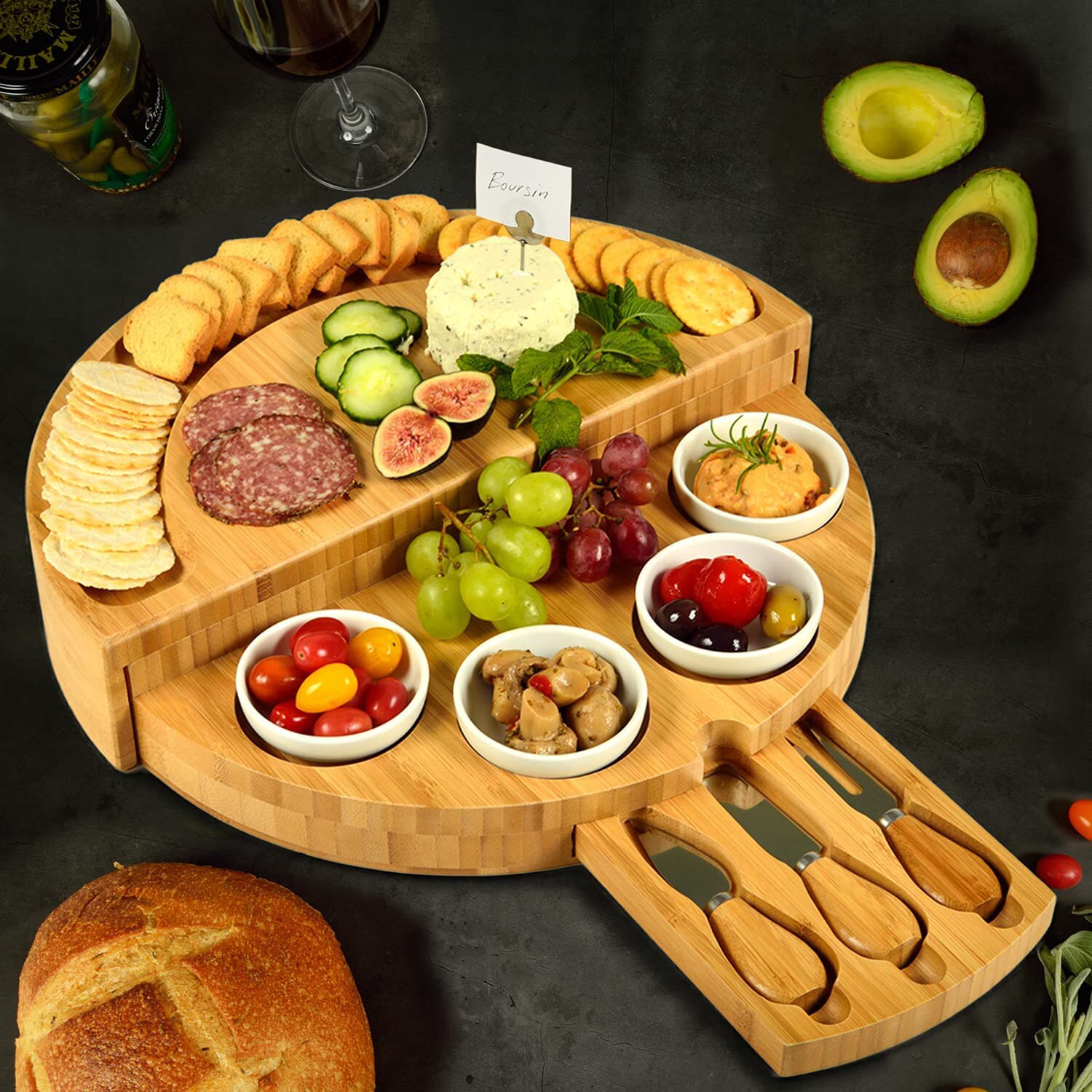 Engraved Bamboo Cheese Board Cutlery Cutter Charcuterie Board Set With Slide Out Drawer Cooking Tools Slicer Fork Scoops Cut