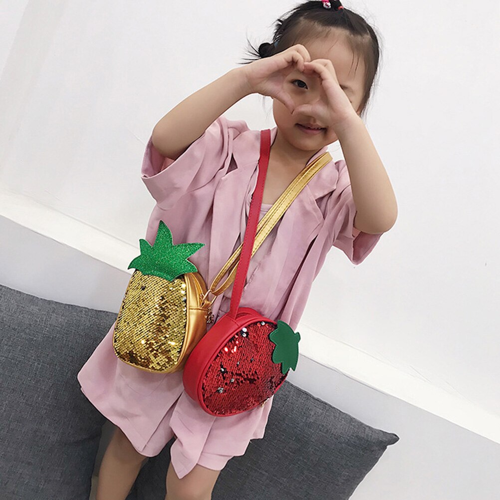 Kids Children Sequins Strawberry Pineapple Crossbody Handbags Girls PU Round Messenger Shoulder Bag Handbags Fruit Bags