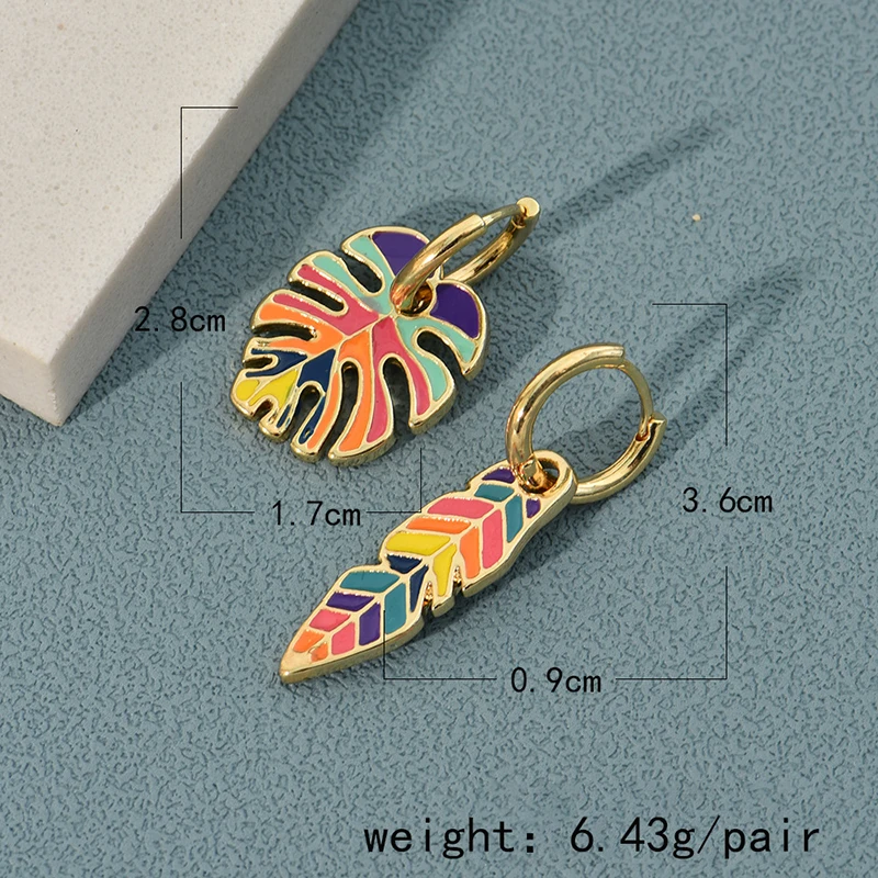 Pendientes de aro de Color dorado con forma de planta de Cactus y hoja esmaltada colorida para mujeres y niñas, pendientes Vintage bohemios con goteo de aceite, de joyería