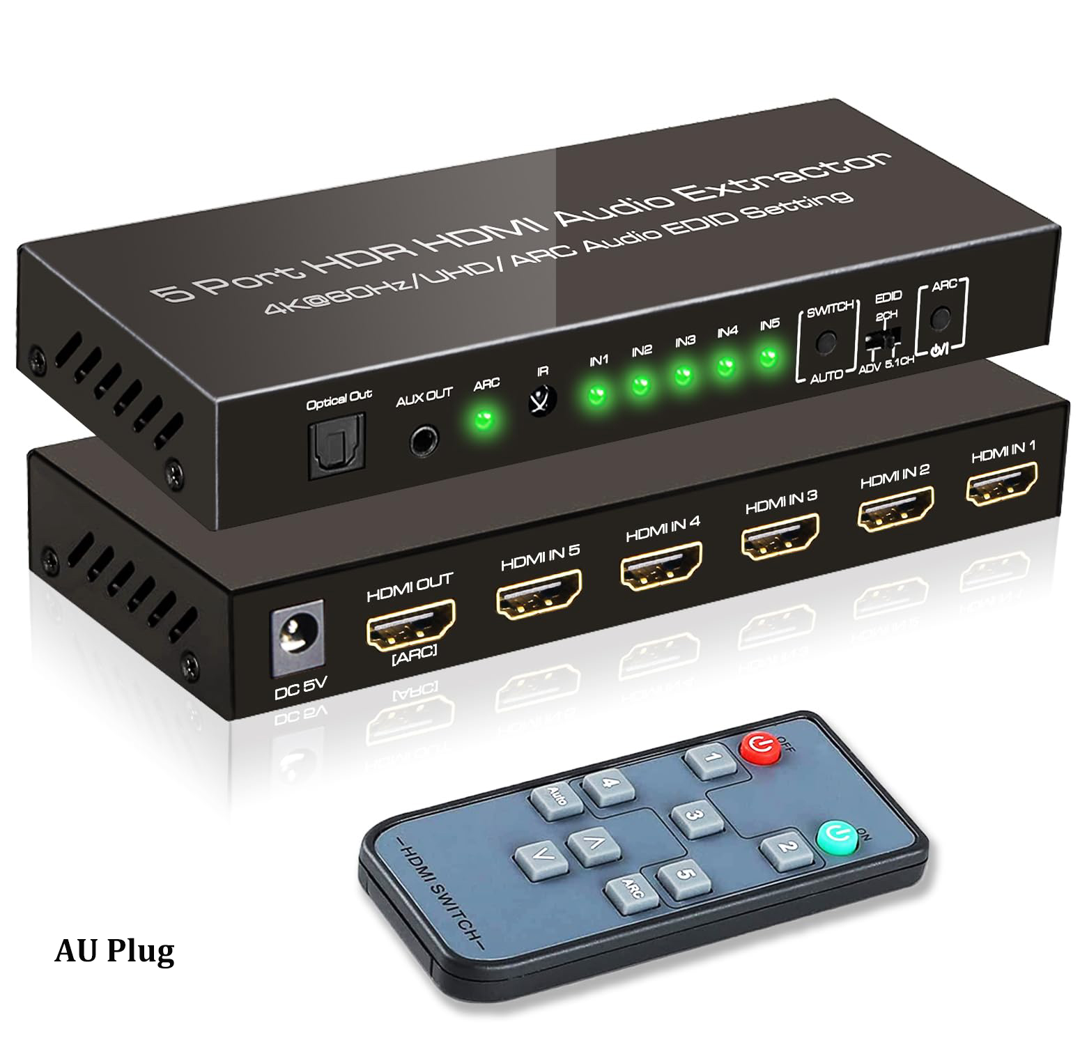 Extrator de áudio HDMI com controle remoto, 5 portas, 4K @ 60Hz, óptico, 3,5mm AUX, saída de áudio, HDMI 2.0: Laranja