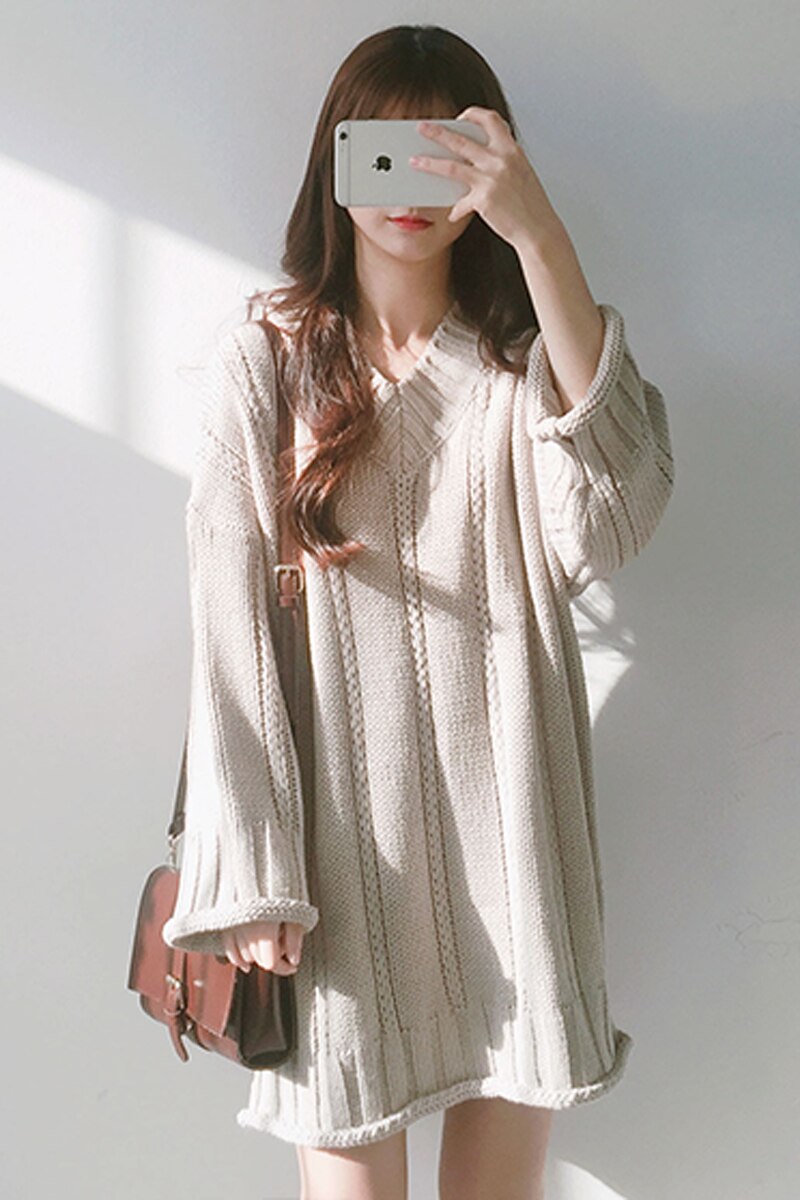 Women Kawaii Spring And Autumn V-Neck Long-Sleeve Knitted Beach Dress Female Korean Harajuku Dress For Women