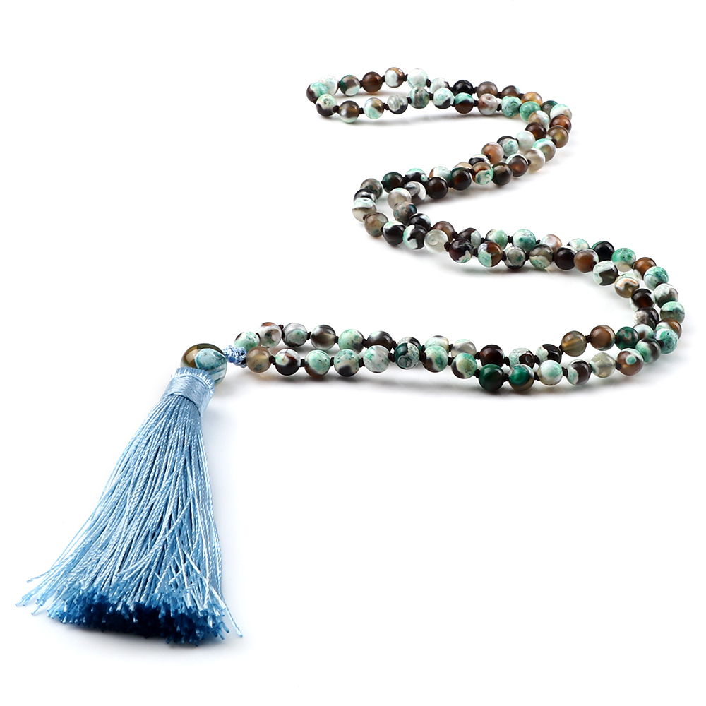 108 Beads Prayer Necklace Natural Green Stripe Onyx Stone Buddhist Buddha Meditation Bead Mala Necklace Women Men Jewelry: Antique Copper Plated