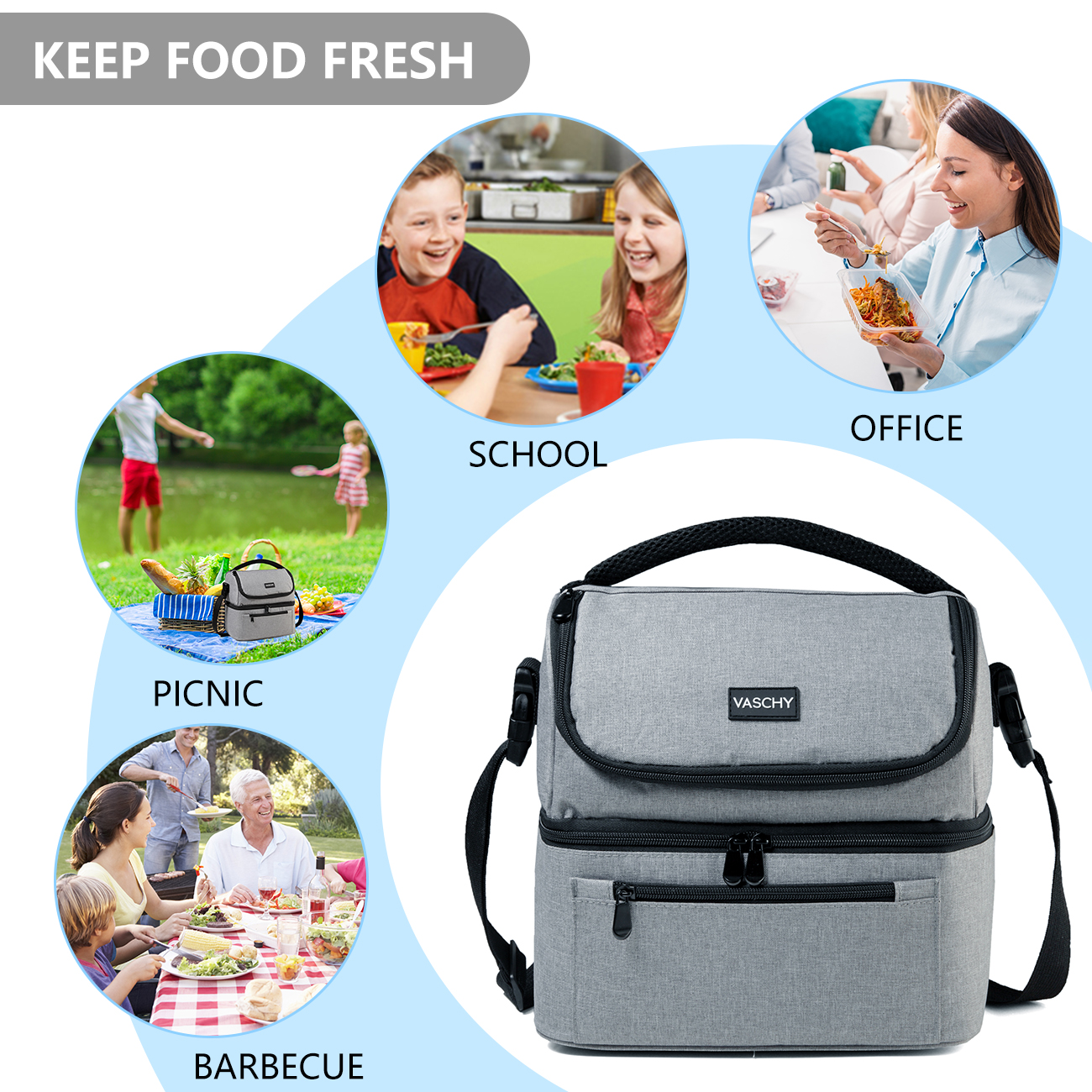 VASCHY-fiambrera aislante para hombre y mujer, bolsa enfriadora a prueba de fugas, con doble compartimento, para el almuerzo, con 14 latas, color gris