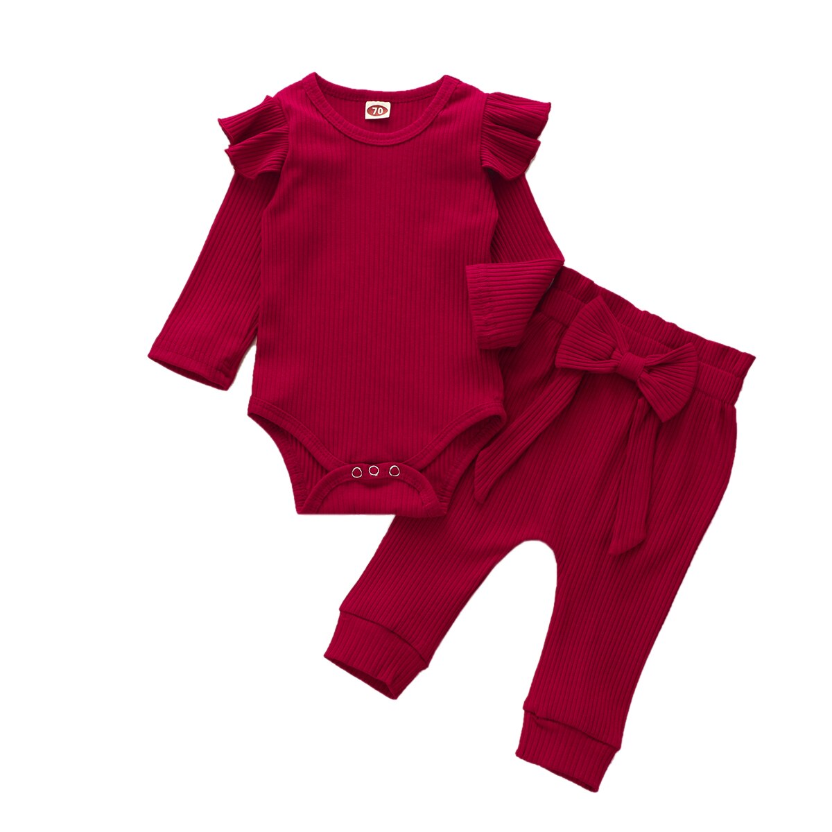 2 Stuks Peuter Kids Baby Girl Ruffle Bodysuit Romper Top Solid Strik Broek Broek Herfst Katoen Lange Mouw Outfit Kleding set: 4 / 3M