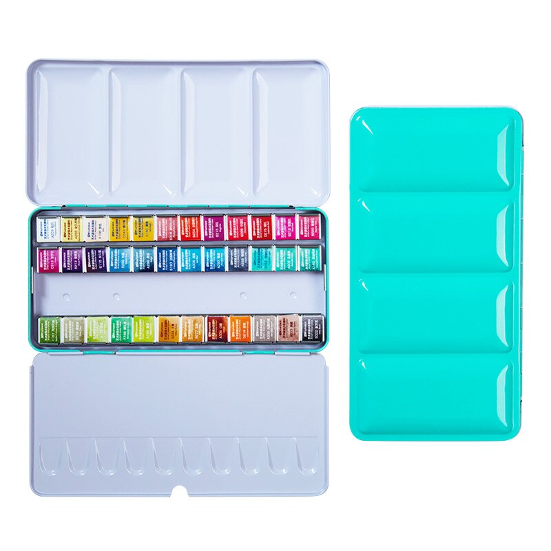 Conjunto de pinturas de acuarela sólidas, caja de lata de pigmento de color agua para suministros de arte, 12/24/36/48 colores: 36 colors blue