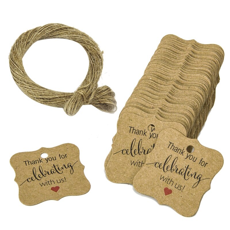 100 stuks bedankt voor het vieren met ons labels kraftpapier wikkellabels met natuurlijk jute touw voor babyshower, kerst, bruiloft