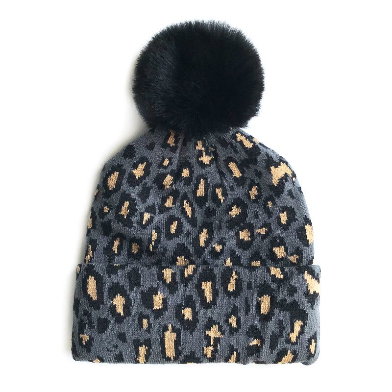Leopard baby vintermössa för flickor pompong stickad mamma barn mössa för pojkar mössor elastisk varm beanie mössa: Grå / S (1-4y)